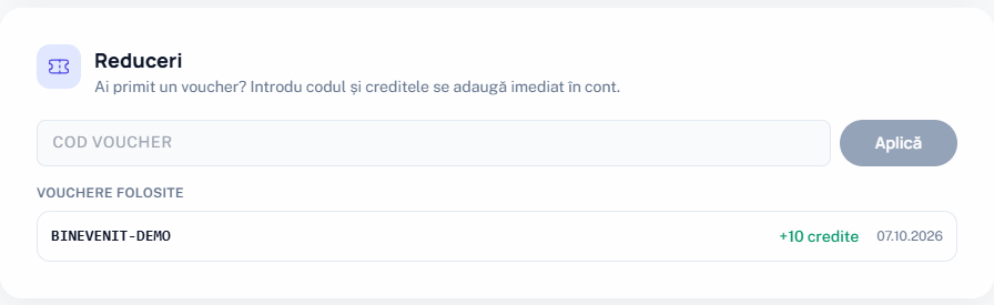 Secțiunea Reduceri: codul se introduce și se aplică, iar voucherele folosite apar dedesubt.
