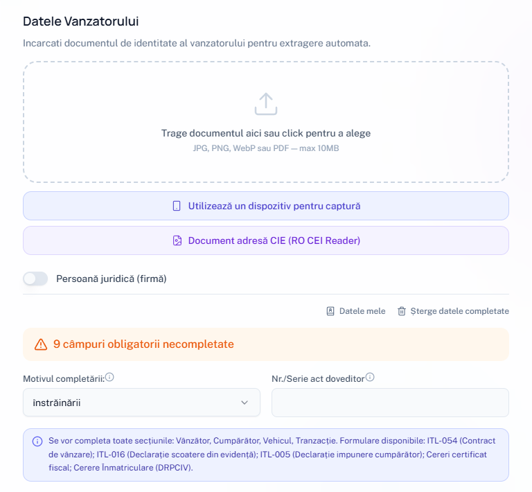 Începutul secțiunii Vânzător: zona de încărcare, captura cu telefonul, documentul de adresă CIE, comutatorul pentru firmă și motivul completării.