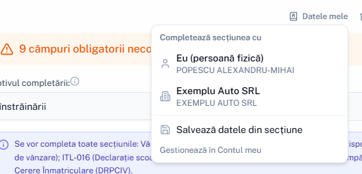Meniul Datele mele din secțiunea Vânzător: completare din profil sau salvarea datelor din secțiune.