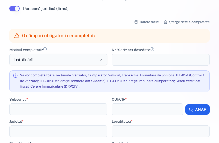 Persoană juridică: Subscrisa, CUI/CIF și butonul ANAF.