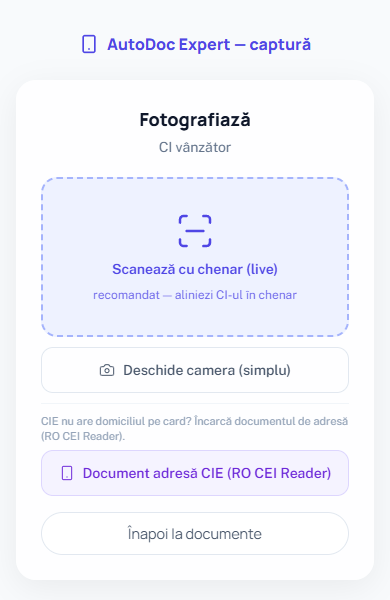 Pe telefon, pentru buletin: scanare cu chenar, camera simplă sau documentul de adresă CIE.