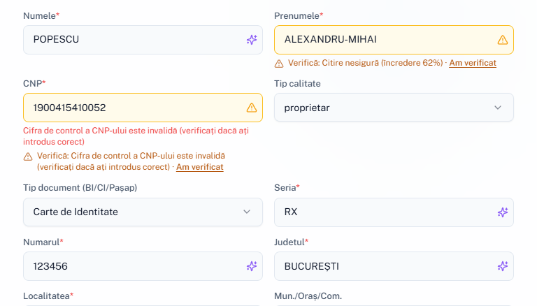Date citite automat dintr-un buletin de test: câmpurile completate au iconița violet, cele de verificat sunt galbene și au motivul dedesubt.