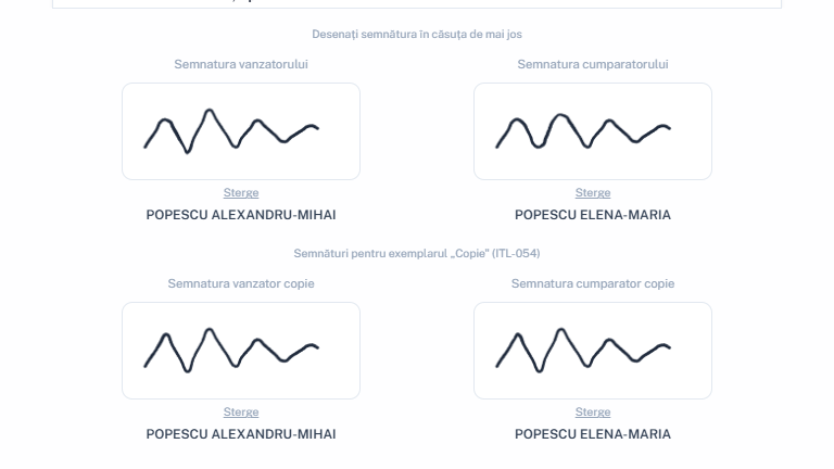 Semnăturile pentru exemplarul original și pentru exemplarul Copie al ITL-054.