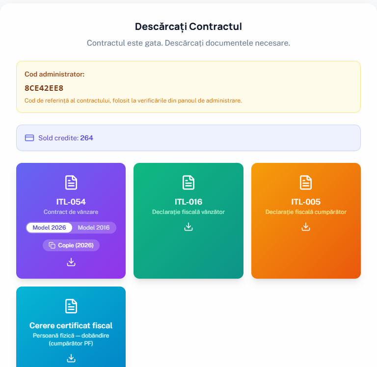Pagina de descărcare pentru un cumpărător persoană fizică. Cererile de certificat fiscal pentru firme apar doar când vânzătorul sau cumpărătorul este firmă.