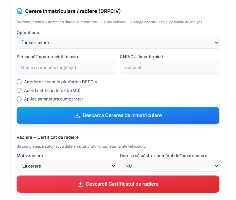 Secțiunea DRPCIV: operațiunea, împuternicitul, bifele și certificatul de radiere.