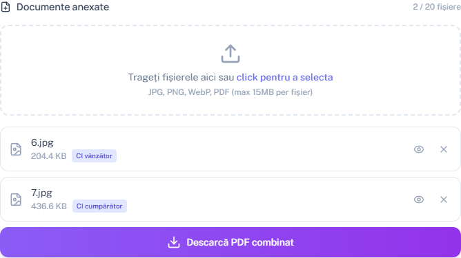Documente anexate: actele scanate apar automat, cu eticheta lor; se pot adăuga altele și se combină într-un PDF.