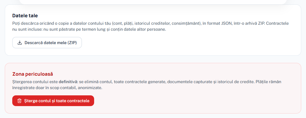 Exportul datelor contului și ștergerea contului.