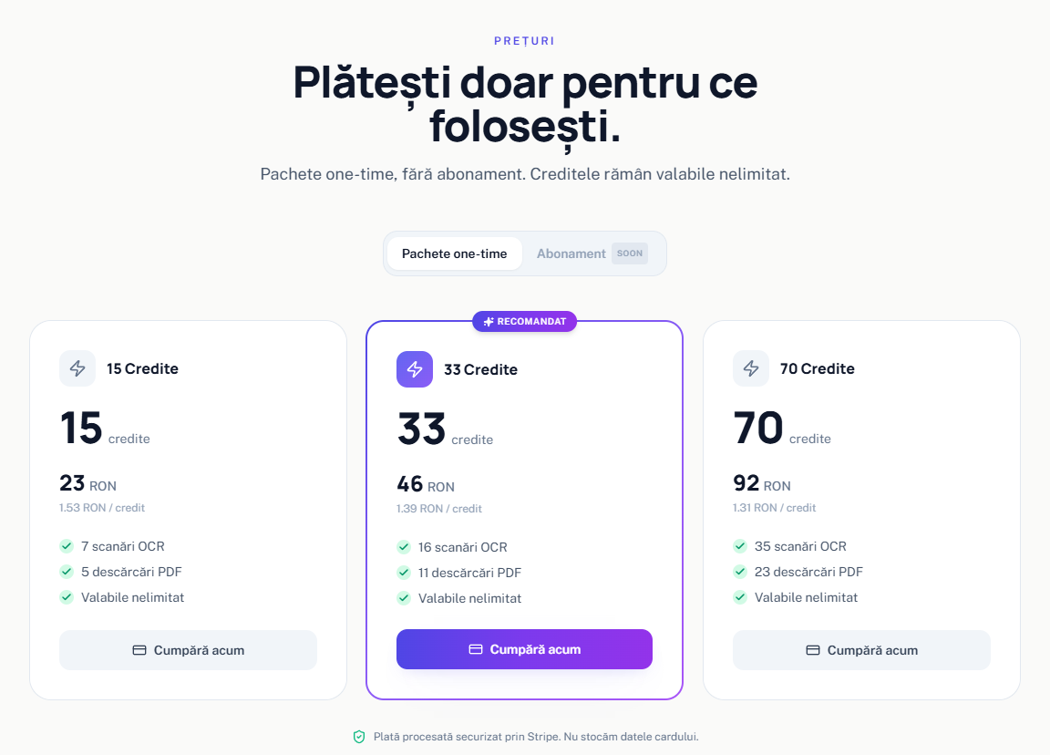 Secțiunea Prețuri de pe prima pagină: cele trei pachete, cu prețul în lei și ce poți face cu creditele.