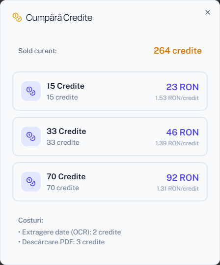 Fereastra Cumpără Credite: soldul curent, pachetele și costul operațiilor.