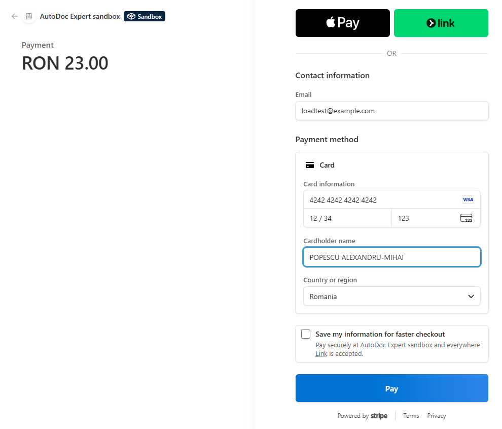 Pasul 3: pagina de plată Stripe, cu suma de 23 RON pentru pachetul de 15 credite. Captura e făcută în modul de test (de aceea apare eticheta Sandbox); la plățile reale eticheta nu apare, iar pagina se afișează în limba browserului.